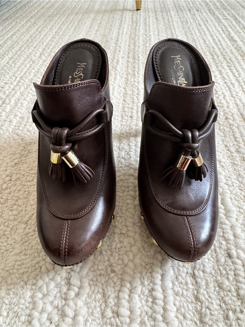 Yves Saint Laurent Dark Brown Leather Tassel Mules with Gold Accents